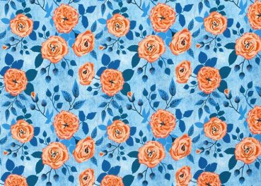 Lovely Rose hellblau Blumenstoff Jersey in Jeansoptik mit großen Rosen in orange